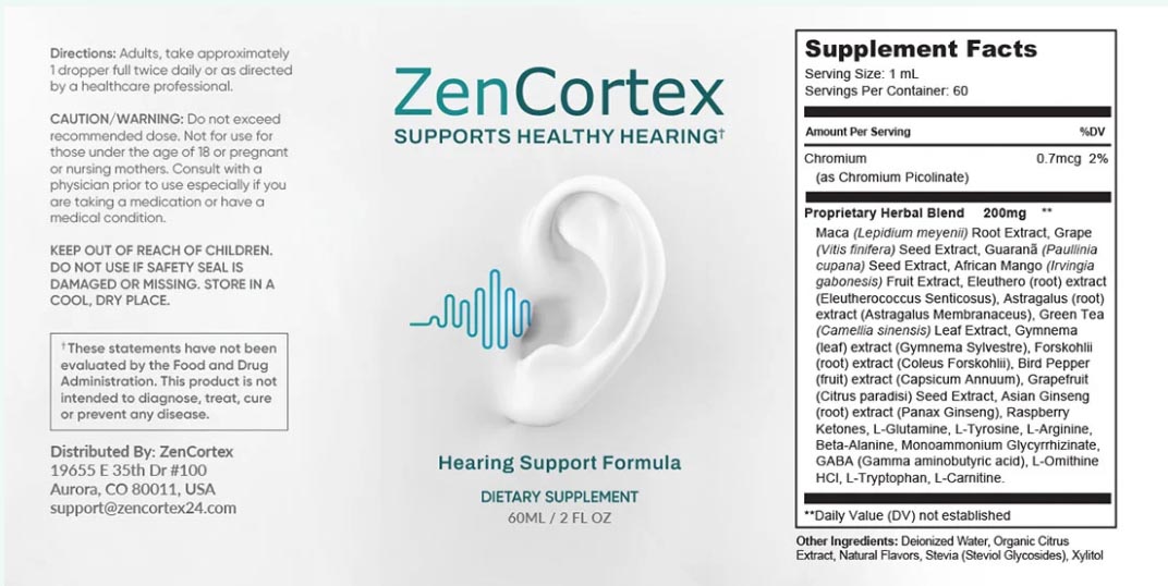 ZenCortex supplement facts and label