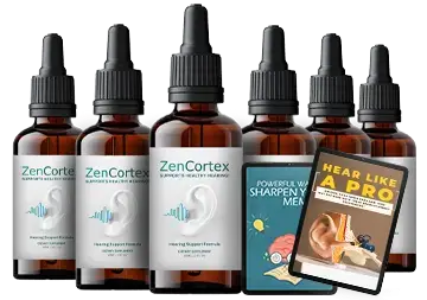ZenCortex hearing support drops bottles with free bonus guides